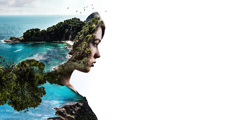 Double multiple exposure digitally generated photography. Portrait side profile view face of woman...