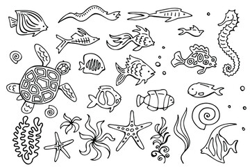 Seamless pattern with doodle fishes on a blue background. Vector set. Hand drawing.