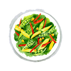 Fresh salad with pepper, green pea, corn. Hand drawn watercolor illustration isolated on white background. Vector, - 354609191