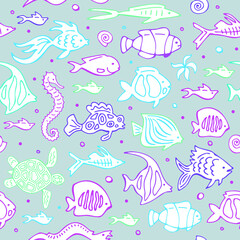 Seamless pattern with doodle fishes . Vector set. Hand drawing.
