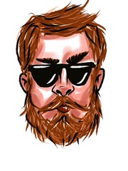 young handsome ginger bearded brutal man in sunglasses portrait isolated on white