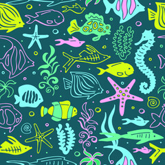 Naklejka na ściany i meble Seamless pattern with doodle colorful fishes. Vector set. Hand drawing.
