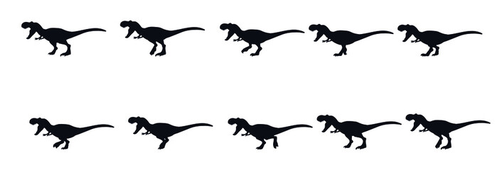 A dinosaur, animated sprites of a tyrannosaur gait. Black and white silhouettes.
