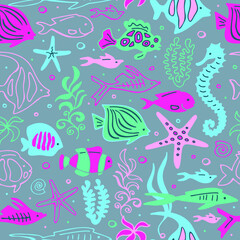 Seamless pattern with doodle colorful fishes. Vector set. Hand drawing.