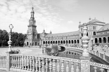 Plaza de Espana, Seville. Black and white vintage filter style.