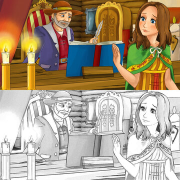 cartoon scene with farm house beautiful girl daughter and father with coloring page - illustration