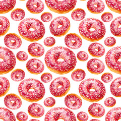 Donut watercolor illustrations isolated on white background. Seamless pattern with colorful donuts with glaze and sprinkles.