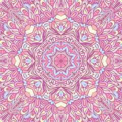 Vector hand drawn doodle mandala flowers. Ethnic Illustration on doodle style. Pink colors.