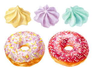 Watercolor illustrations of colorful donuts with glaze and sprinkles and meringue isolated on white.