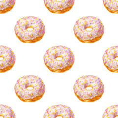 Donut watercolor illustrations isolated on white background. Seamless pattern with colorful donuts with glaze and sprinkles.