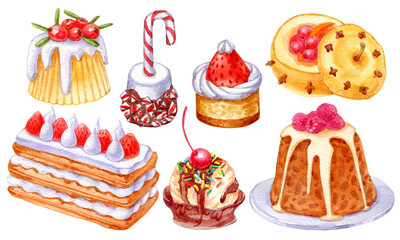 Watercolor set of christmas desserts isolated on white. 2020 year, happy holidays. Watercolor background set. Watercolour drawing fashion aquarelle.