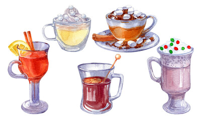Watercolor set of christmas desserts isolated on white. 2020 year, happy holidays. Watercolor background set. Watercolour drawing fashion aquarelle. 