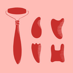 Facial massage roller and different Gua Sha ink style vector illustration. Stone self massage tools. Home beauty routine.