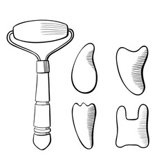 Facial massage roller and different Gua Sha ink style vector illustration. Stone self massage tools. Home beauty routine.