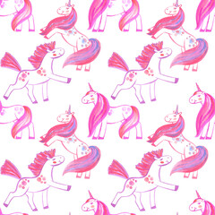 Seamless pattern of handpainted watercolor unicorns. Cute set on white background. Can be used for greeting cards, wedding invitations, decoration.