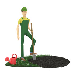 Farmer digs the ground with a shovel. 3D illustration