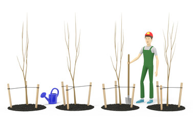 Farmer with a shovel is standing near the row of just planted young trees. 3D illustration
