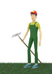 Farmer with a rake is standing on a lawn. 3D illustration