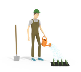 Gardener is watering young seedlings with a watering can. 3D illustration