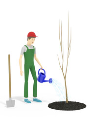 Gardener is watering just planted young trees with a watering can. 3D illustration