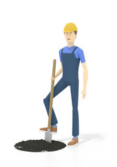 Gardener digs the ground with a shovel. 3D illustration