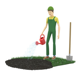 Gardener is watering planted seeds with a watering can. 3D illustration