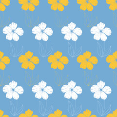 Yellow and white abstract vector flowers on a blue background seamless pattern.