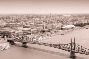 Budapest city in Hungary. Sepia toned retro filter photo.