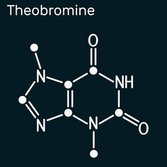 Theobromine, dimethylxanthine, purine alkaloid C7H8N4O2 molecule. It is xanthine alkaloid in the cacao bean. Skeletal chemical formula on the dark blue background