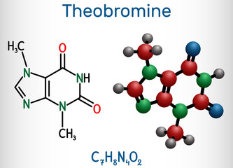 Theobromine, dimethylxanthine, purine alkaloid C7H8N4O2 molecule. It is xanthine alkaloid in the cacao bean. Structural chemical formula and molecule model