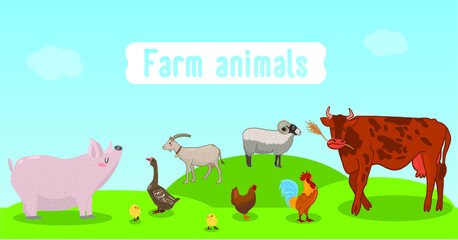 vector illustration, poster on the theme of life on the farm. Pasture for animals. Agriculture and farming. Organic food. Happy Pets