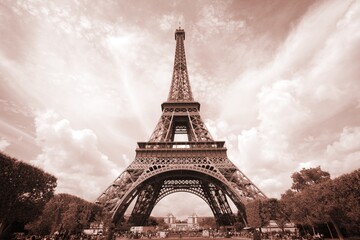 Eiffel Tower, Paris. Sepia toned vintage filter photo.