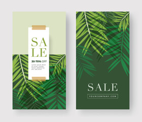 Set of Summer Sale banner with flower and leaf background. Vertical template layout. For online shopping, cosmetic. Frangipani Green Color. Mobile App, Vector illustration.
