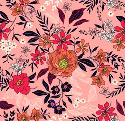 Möbelaufkleber Trendy seamless vector floral pattern. Endless print made of hand draw flowers, leaves and berries. Summer and spring motifs. Coral background. Vector illustration. © ann_and_pen