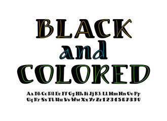 Black rounded font with colored line, alphabet in the cartoon style, uppercase and lowercase Latin letters from A to Z and Arab numbers from 0 to 9, vector illustration 10EPS