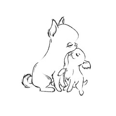 Puppy with mom illustration in sketch style, Cute vector with funny pets, can be used for your design or print t-shirt or textile, fabric or coloring books, vector illustration 10eps