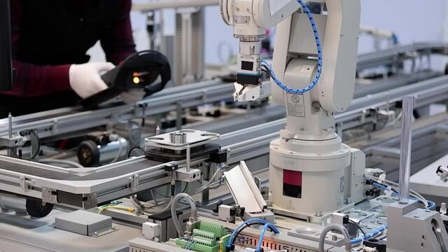 Close-up robot arm. Man with surgical mask and gloves against COVID-19 ( Coronavirus ) programming robot arm with teach pendant.  industry 4.0 : smart factory production line control with automation.