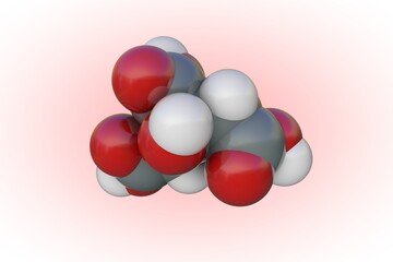 Molecular structure of citric acid. Atoms are represented as spheres with conventional color coding: carbon (grey), oxygen (red), hydrogen (white). 3d illustration