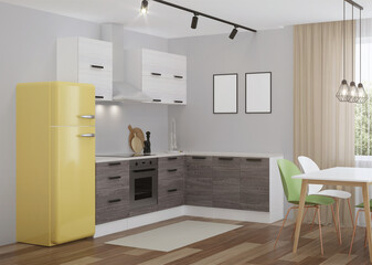Scandinavian-style corner kitchen with yellow fridge. 3D rendering.