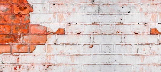 White orange red abstract painted light damaged rustic brick wall masonry texture background banner...