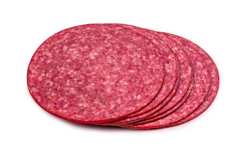 Tasty salami slices isolated on white