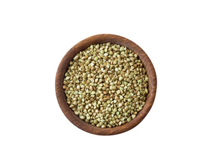 Wooden bowl with green buckwheat isolated on white background. Close-up. Green buckwheat groats Isolated on white background. Green buckwheat. Top view, Image with copy space. Superfood.