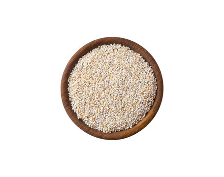 Barley groats on a white background top view. Raw crushed barley grains for making porridge. Heap of barley grits isolated on white. Top view, Image with copy space.