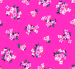 Fototapeta na wymiar Cute floral pattern in the small flower. Ditsy print. Seamless vector texture. Elegant template for fashion prints. Printing with small white and pink flowers. Bright pink background.