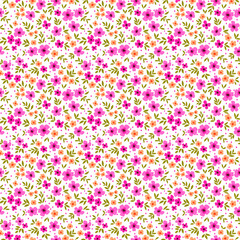 Floral pattern. Pretty flowers on white background. Printing with small pink and yellow flowers. Ditsy print. Seamless vector texture. Spring bouquet.
