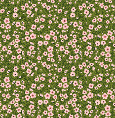Vintage floral background. Seamless vector pattern for design and fashion prints. Flowers pattern with small pink flowers on a green background. Ditsy style.
