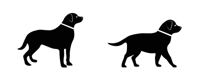 Black vector silhouette of a dog on a white isolated background. Set of two silhouettes.