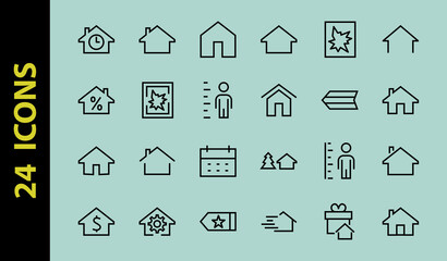 Simple set of line vector home icons. Contains house symbols at interest, infuse house and more. Editable stroke. 480x480 pixels perfect