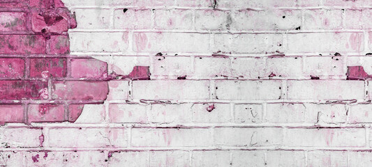White pink abstract painted light damaged rustic brick wall masonry texture background, with copy...