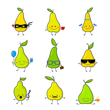Set of funny pears in cartoon style. Vector. Collection of juicy and colorful fruits. Cute characters with emotions. For your design. For stickers, cards, avatars. Isolated on a white background.